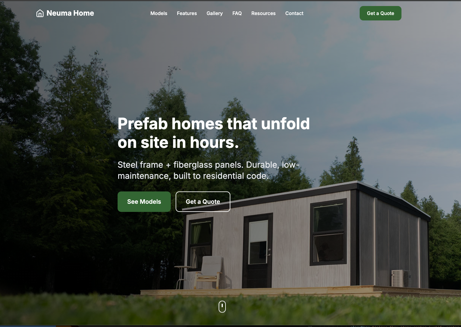 Homepage of a product website for a prefab home builder