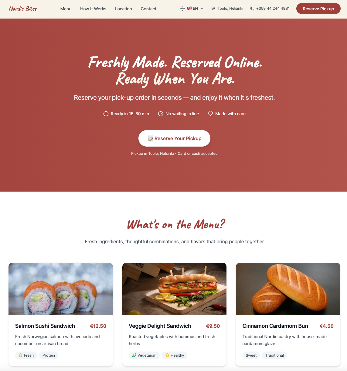 Homepage of a minimalist website for a small food maker