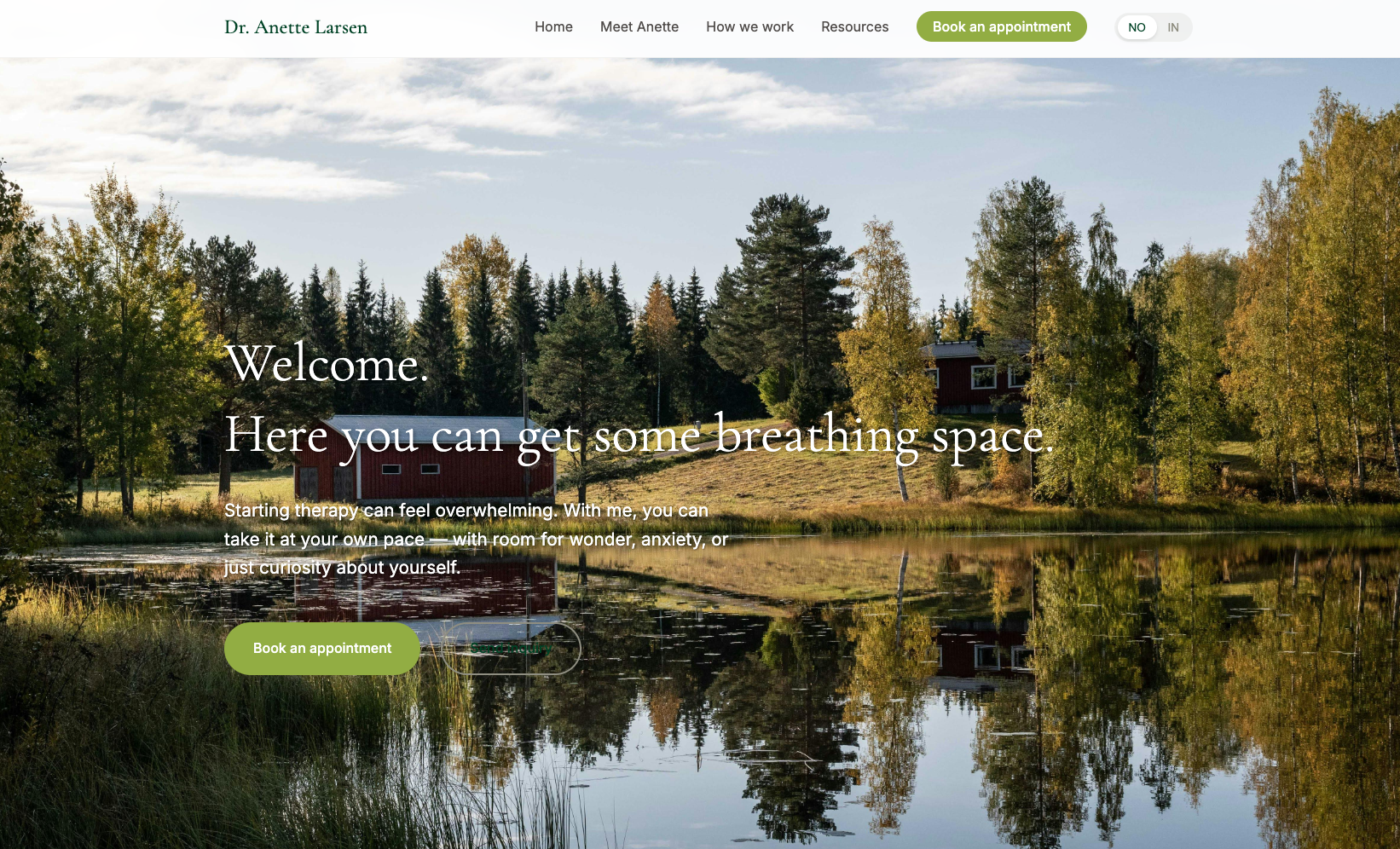 Homepage of a calm website for a private therapy practice